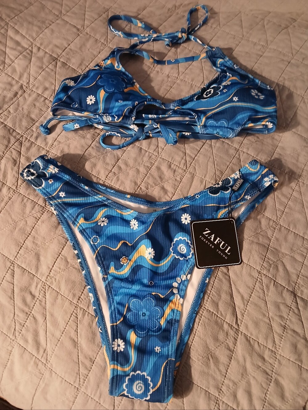 Zaful Blue Floral Ribbed Tie Bikini Set with Yellow Accents